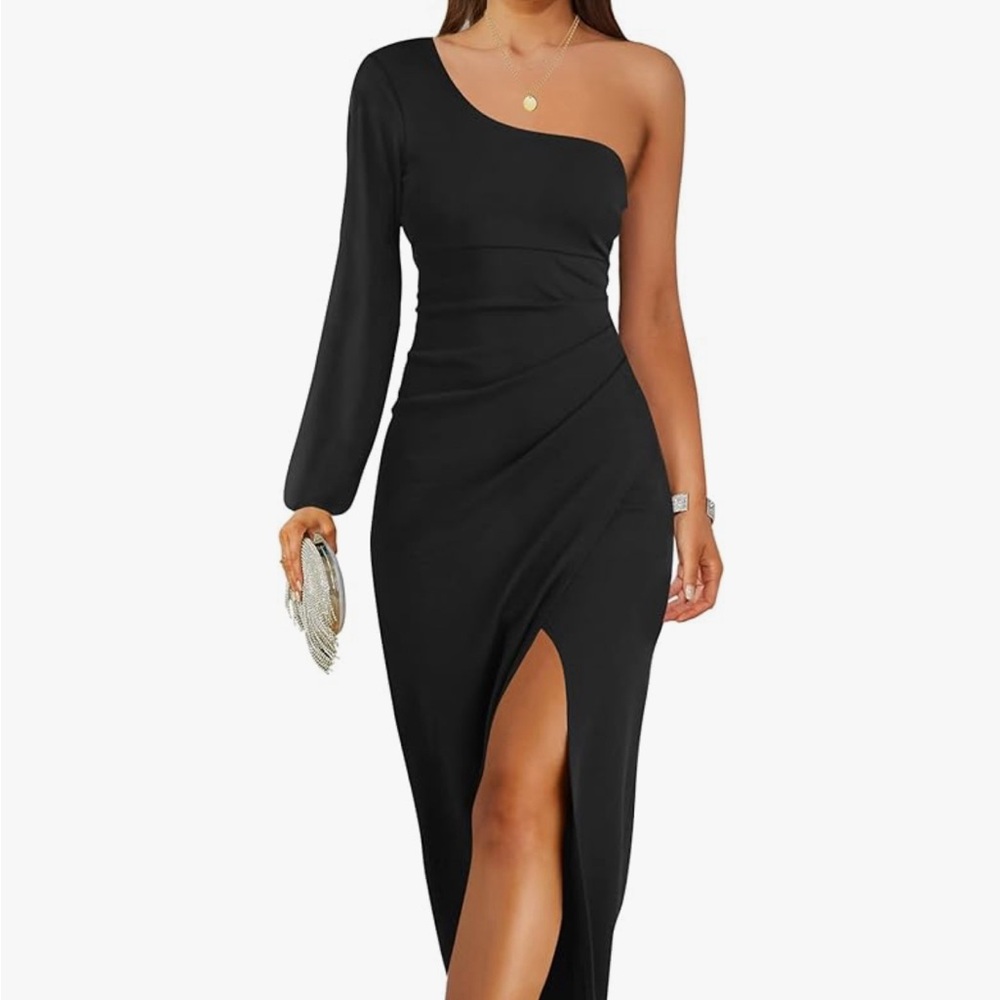 ZESICA One Shoulder Long Sleeve Cocktail Dress Sexy High Slit Ruched Maxi Dress